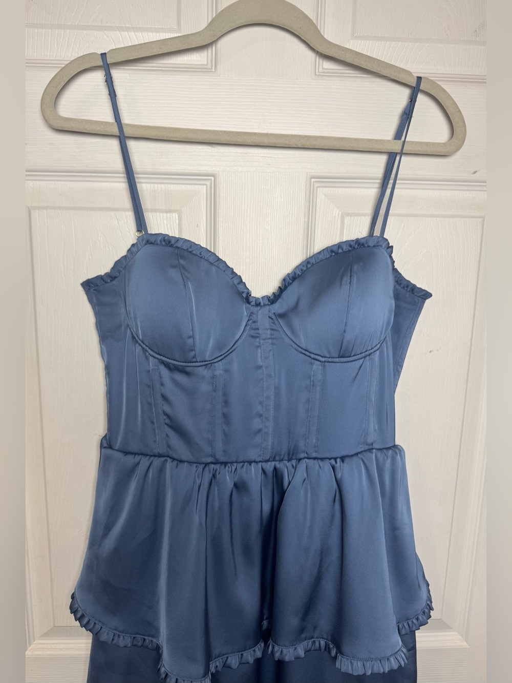 Altar'd State Stellni Satin Maxi Dress Tiered Ruffle Skirt Corset Bodice in Blue - Picture 3 of 16
